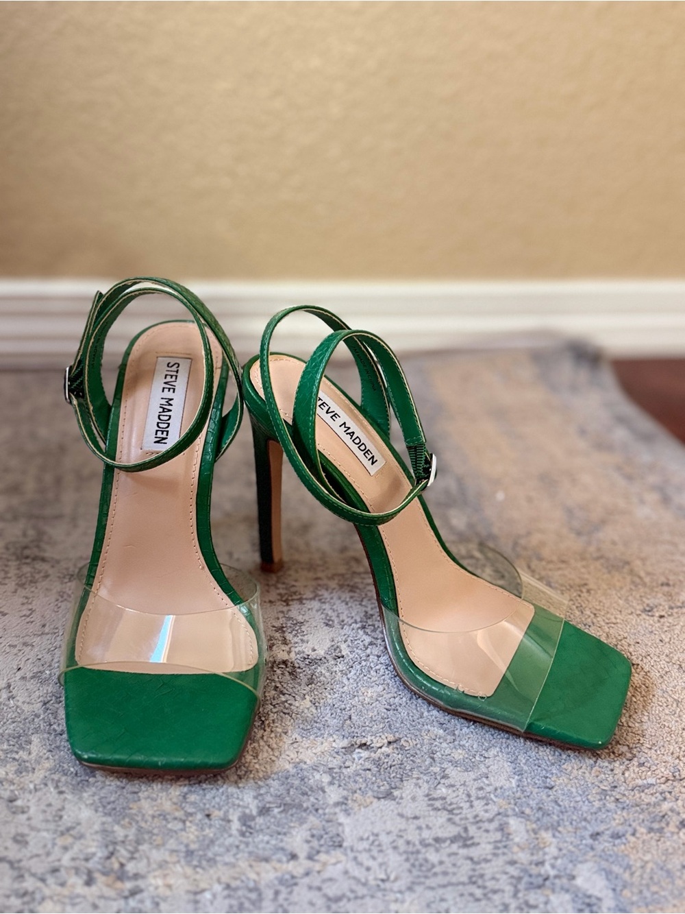 Steve Madden Emerald Green Clear-Strap Stiletto Sandals